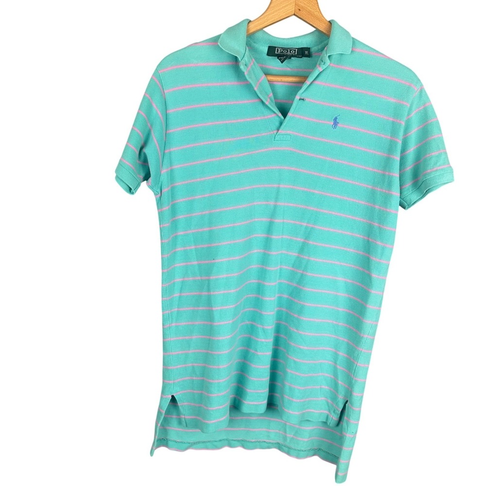 Polo Ralph Lauren Mens XL Teal Green Pink Striped Short Sleeve Pique Polo Shirt